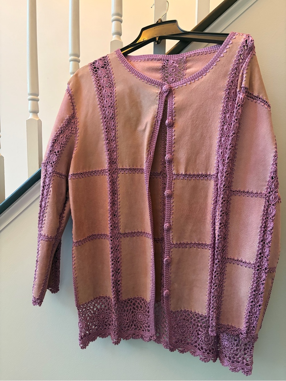 Lavender Crochet Trim Suede Button-Up Jacket